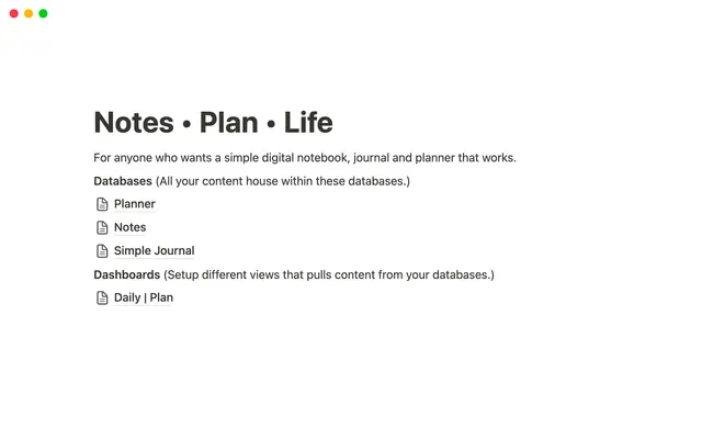 Notes โข Plan โข Life | Simple integrated Notion planner